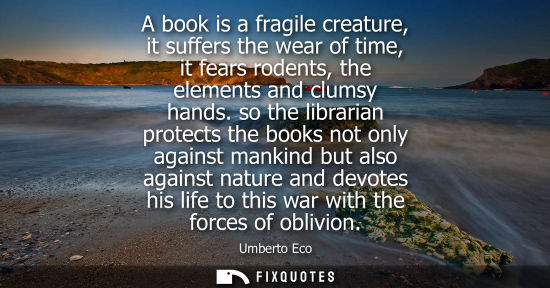 Small: A book is a fragile creature, it suffers the wear of time, it fears rodents, the elements and clumsy ha