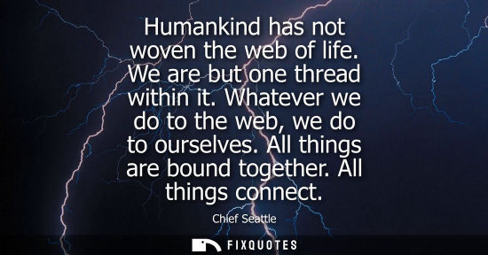 Small: Humankind has not woven the web of life. We are but one thread within it. Whatever we do to the web, we