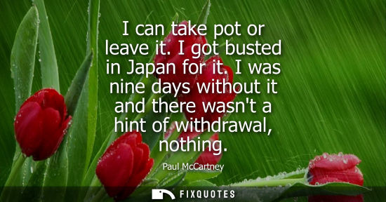 Small: I can take pot or leave it. I got busted in Japan for it. I was nine days without it and there wasnt a 