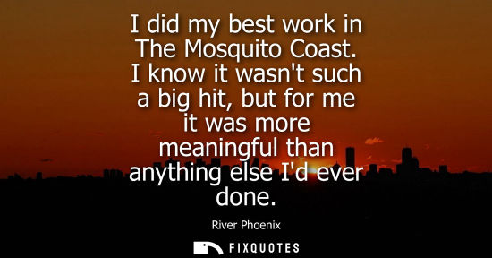 Small: I did my best work in The Mosquito Coast. I know it wasnt such a big hit, but for me it was more meanin