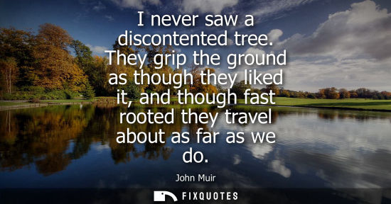 Small: I never saw a discontented tree. They grip the ground as though they liked it, and though fast rooted they tra