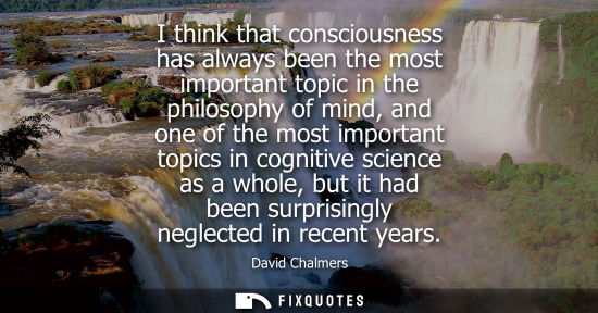 Small: I think that consciousness has always been the most important topic in the philosophy of mind, and one 
