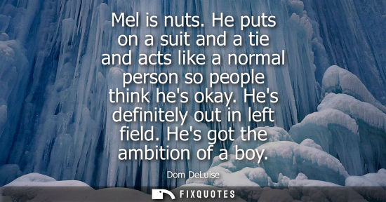 Small: Mel is nuts. He puts on a suit and a tie and acts like a normal person so people think hes okay. Hes definitel