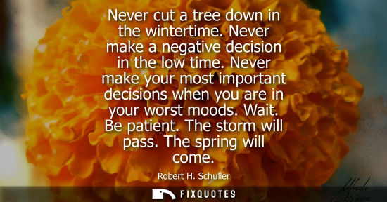 Small: Never cut a tree down in the wintertime. Never make a negative decision in the low time. Never make you