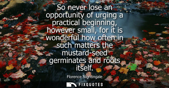 Small: So never lose an opportunity of urging a practical beginning, however small, for it is wonderful how of