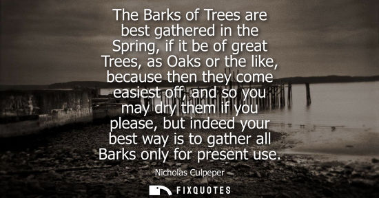 Small: The Barks of Trees are best gathered in the Spring, if it be of great Trees, as Oaks or the like, becau