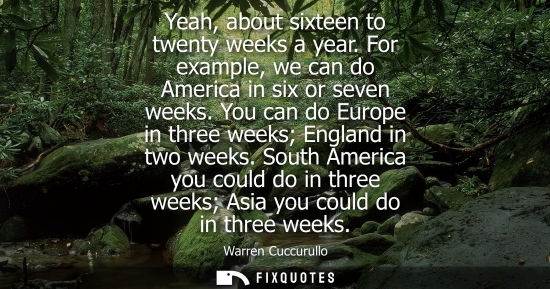 Small: Yeah, about sixteen to twenty weeks a year. For example, we can do America in six or seven weeks. You c