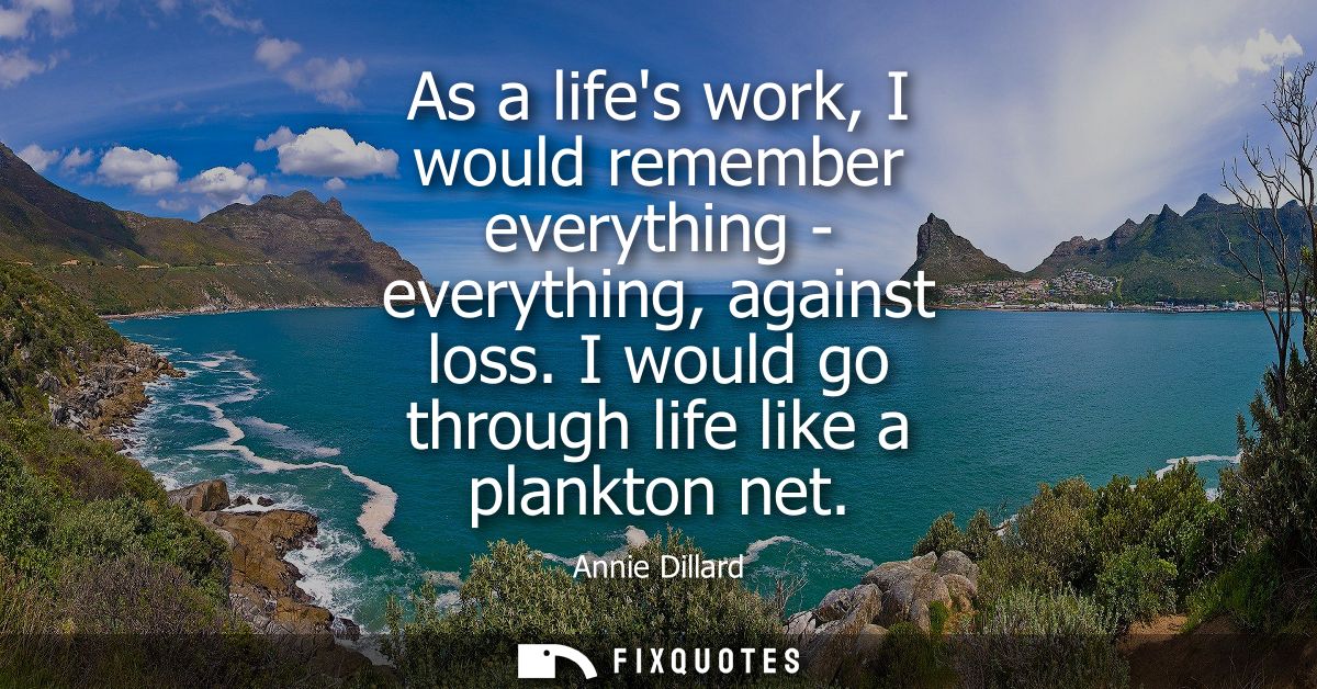 As a lifes work, I would remember everything - everything, against loss. I would go through life like a plankton net