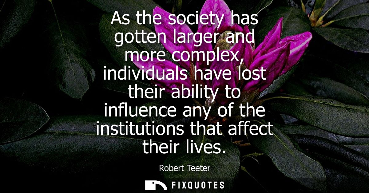 As the society has gotten larger and more complex, individuals have lost their ability to influence any of the instituti