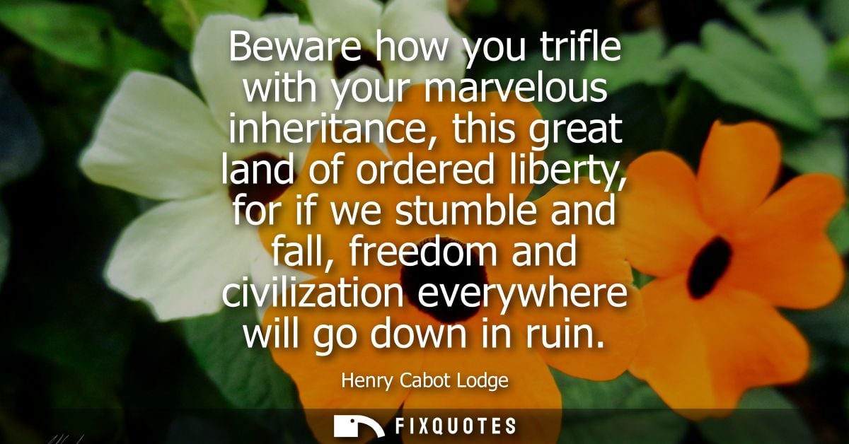 Beware how you trifle with your marvelous inheritance, this great land of ordered liberty, for if we stumble and fall, f