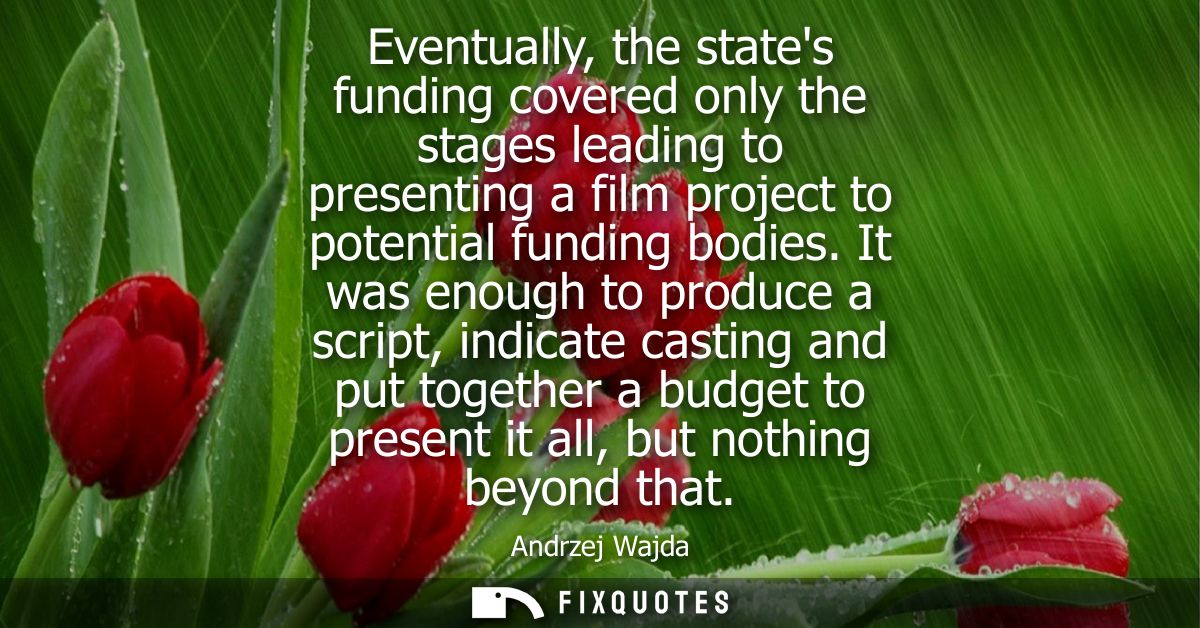 Eventually, the states funding covered only the stages leading to presenting a film project to potential funding bodies.
