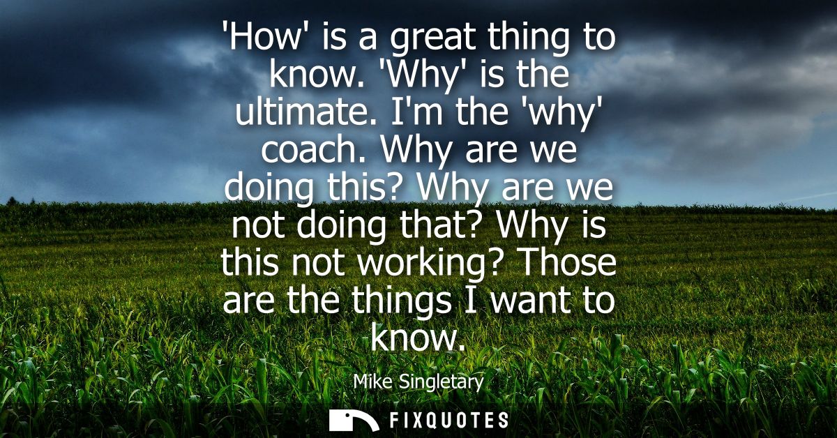 How is a great thing to know. Why is the ultimate. Im the why coach. Why are we doing this? Why are we not doing that? W