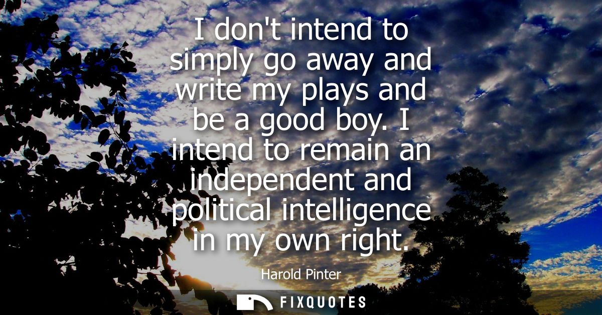 I dont intend to simply go away and write my plays and be a good boy. I intend to remain an independent and political in