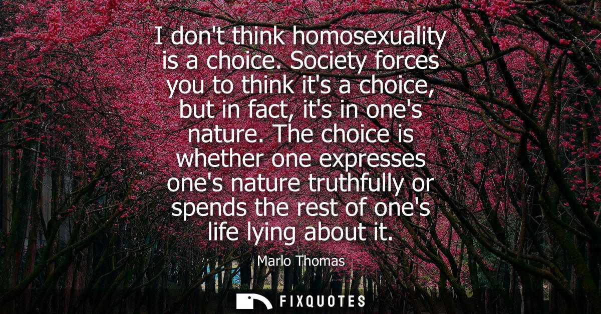 I dont think homosexuality is a choice. Society forces you to think its a choice, but in fact, its in ones nature.