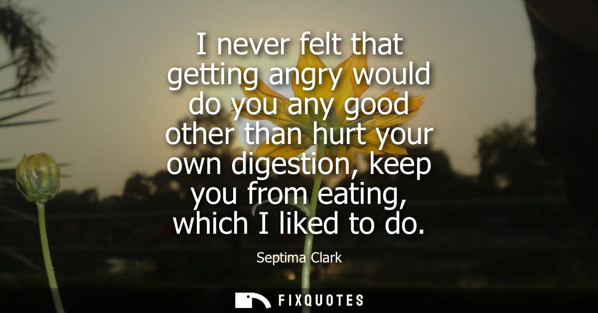 I never felt that getting angry would do you any good other than hurt your own digestion, keep you from eating, which I 