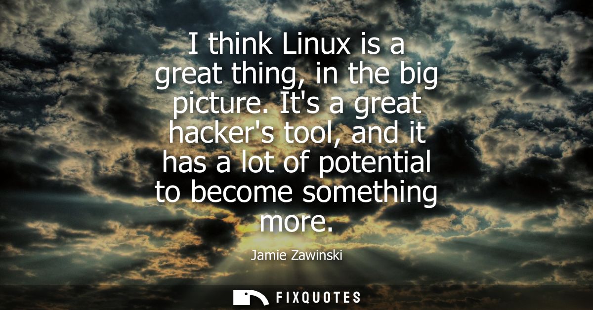 I think Linux is a great thing, in the big picture. Its a great hackers tool, and it has a lot of potential to become so