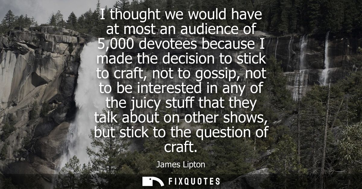 I thought we would have at most an audience of 5,000 devotees because I made the decision to stick to craft, not to goss