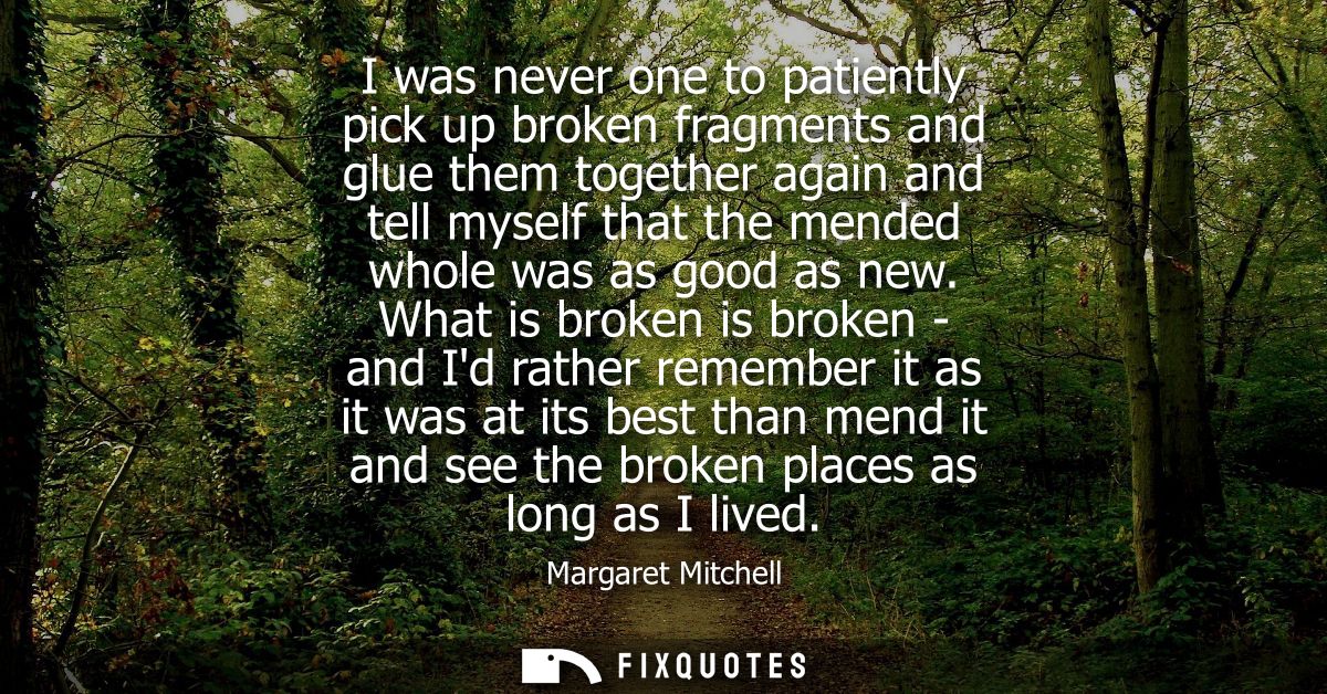 I was never one to patiently pick up broken fragments and glue them together again and tell myself that the mended whole