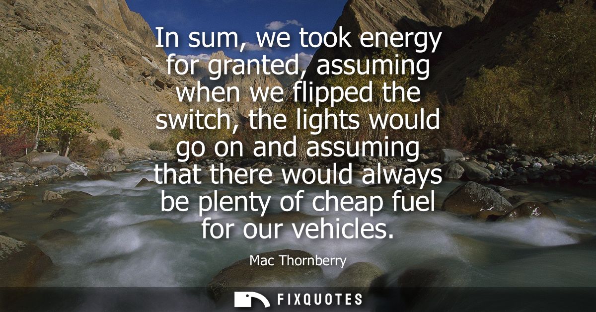 In sum, we took energy for granted, assuming when we flipped the switch, the lights would go on and assuming that there 