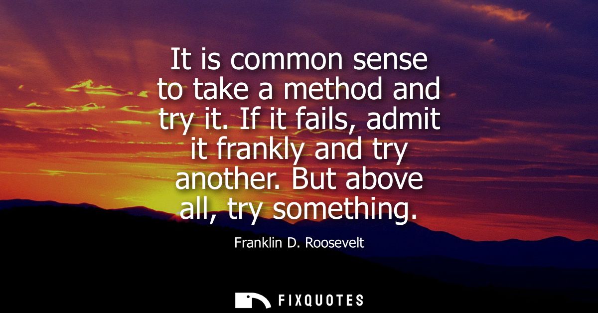 It is common sense to take a method and try it. If it fails, admit it frankly and try another. But above all, try someth