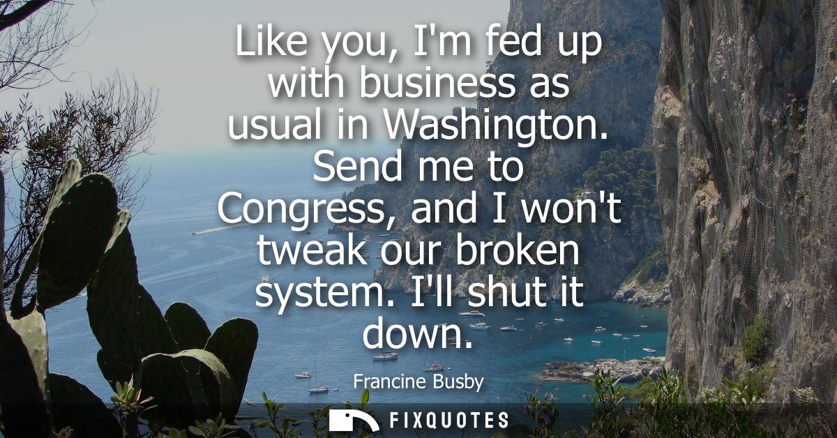 Like you, Im fed up with business as usual in Washington. Send me to Congress, and I wont tweak our broken system. Ill s