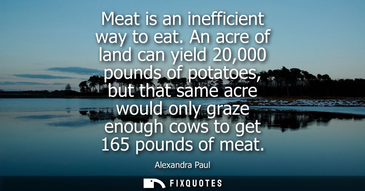 Meat is an inefficient way to eat. An acre of land can yield 20,000 pounds of potatoes, but that same acre would only gr