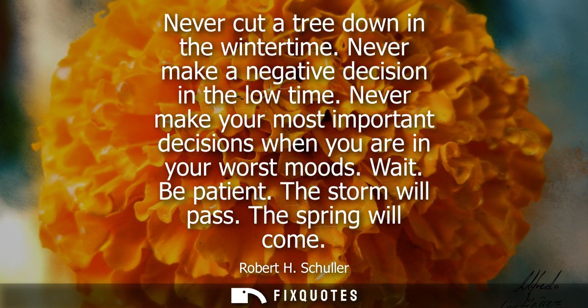 Never cut a tree down in the wintertime. Never make a negative decision in the low time. Never make your most important 