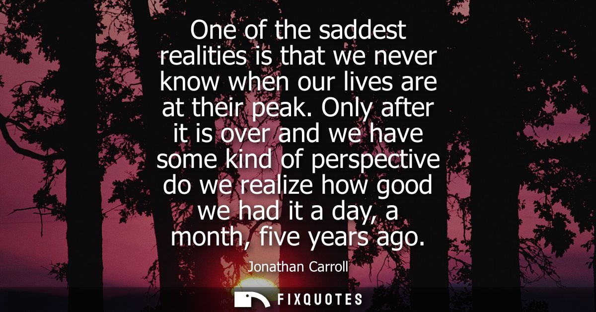 One of the saddest realities is that we never know when our lives are at their peak. Only after it is over and we have s