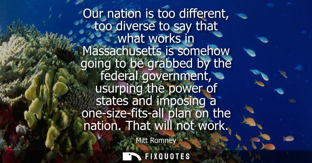 Our nation is too different, too diverse to say that what works in Massachusetts is somehow going to be grabbed by the f