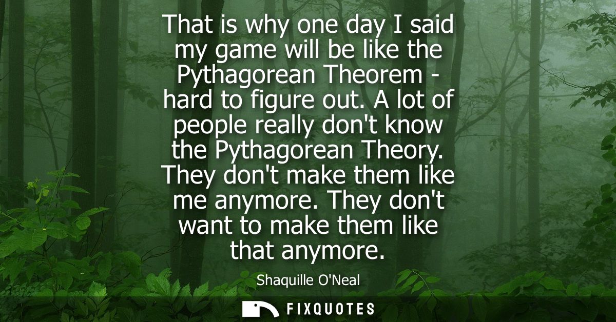 That is why one day I said my game will be like the Pythagorean Theorem - hard to figure out. A lot of people really don