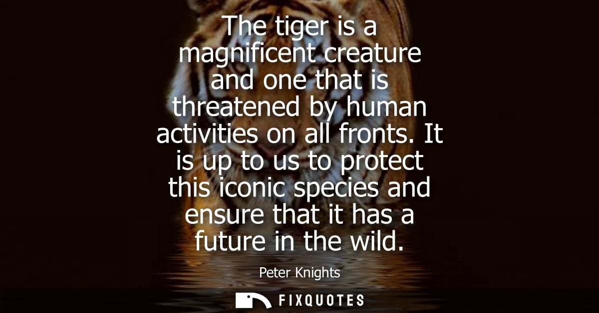 The tiger is a magnificent creature and one that is threatened by human activities on all fronts. It is up to us to prot