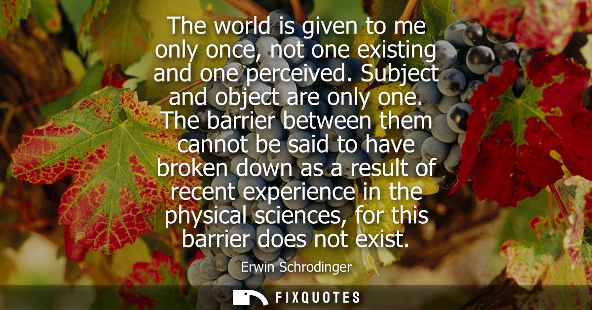 The world is given to me only once, not one existing and one perceived. Subject and object are only one.