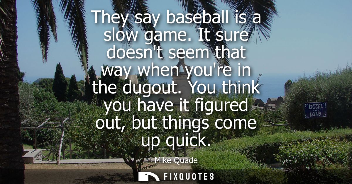 They say baseball is a slow game. It sure doesnt seem that way when youre in the dugout. You think you have it figured o