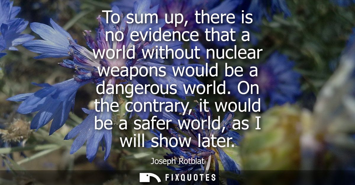 To sum up, there is no evidence that a world without nuclear weapons would be a dangerous world. On the contrary, it wou