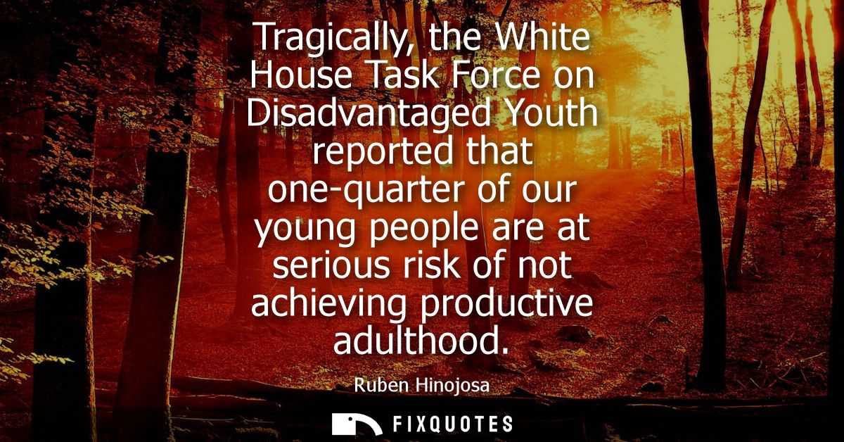 Tragically, the White House Task Force on Disadvantaged Youth reported that one-quarter of our young people are at serio