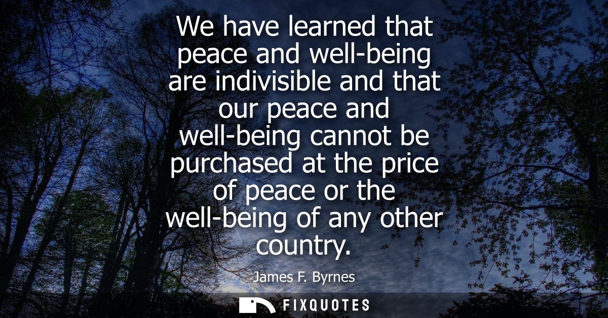 We have learned that peace and well-being are indivisible and that our peace and well-being cannot be purchased at the p