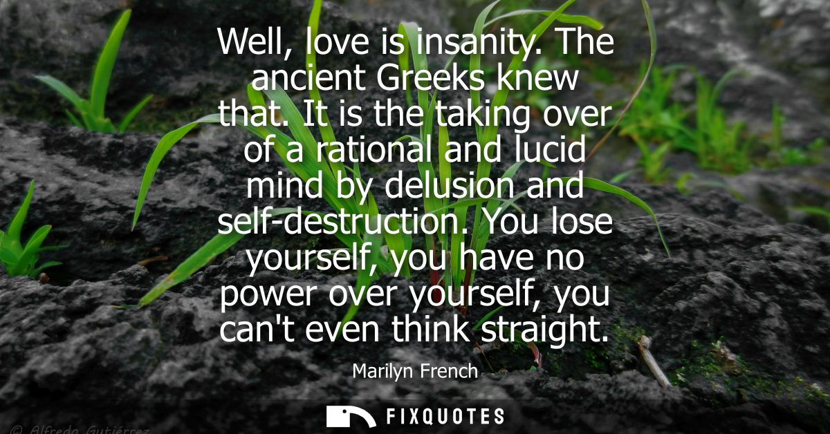Well, love is insanity. The ancient Greeks knew that. It is the taking over of a rational and lucid mind by delusion and