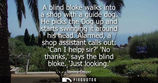 Small: A blind bloke walks into a shop with a guide dog. He picks the Dog up and starts swinging it around his