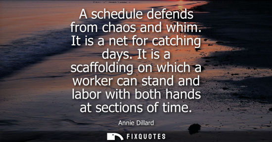 Small: A schedule defends from chaos and whim. It is a net for catching days. It is a scaffolding on which a w