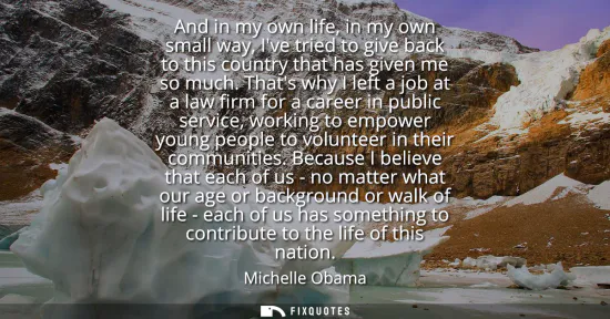 Small: And in my own life, in my own small way, Ive tried to give back to this country that has given me so much.