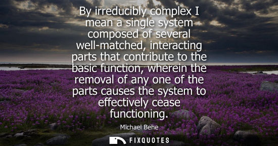 Small: By irreducibly complex I mean a single system composed of several well-matched, interacting parts that 