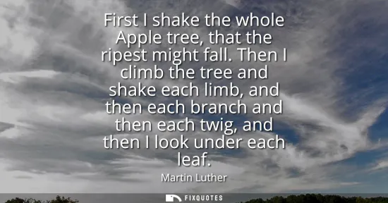 Small: First I shake the whole Apple tree, that the ripest might fall. Then I climb the tree and shake each limb, and