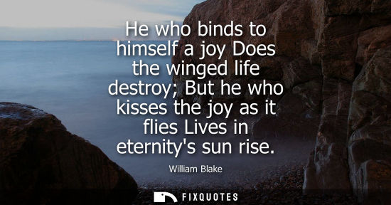 Small: He who binds to himself a joy Does the winged life destroy But he who kisses the joy as it flies Lives in eter
