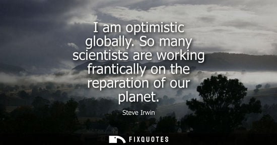 Small: Steve Irwin: I am optimistic globally. So many scientists are working frantically on the reparation of our pla