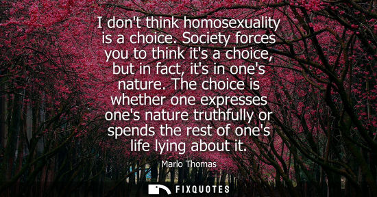 Small: I dont think homosexuality is a choice. Society forces you to think its a choice, but in fact, its in ones nat