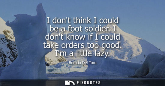 Small: I dont think I could be a foot soldier. I dont know if I could take orders too good. Im a little lazy