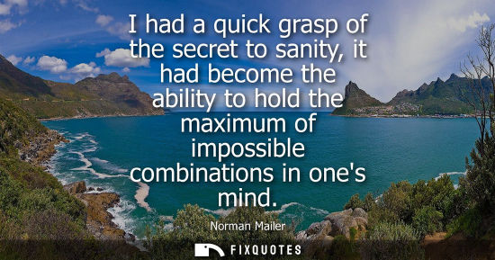 Small: I had a quick grasp of the secret to sanity, it had become the ability to hold the maximum of impossibl