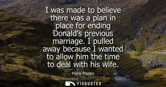 Small: Marla Maples: I was made to believe there was a plan in place for ending Donalds previous marriage. I pulled a