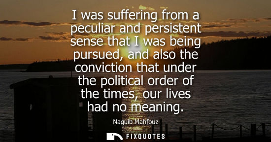 Small: I was suffering from a peculiar and persistent sense that I was being pursued, and also the conviction 