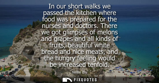 Small: In our short walks we passed the kitchen where food was prepared for the nurses and doctors. There we g